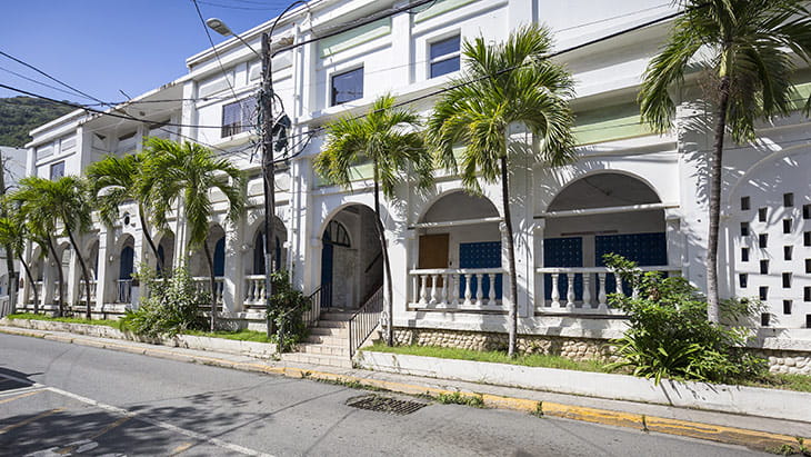 Street landscape of the city Road Town in Tortola in the Caribbean Sea